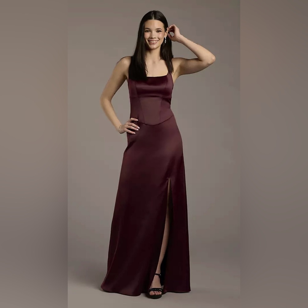 David's Bridal “Wine” Sheath Satin Bridesmaid Dress